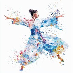 Obraz premium A dancer in a flowing kimono creates a vibrant splash of colors, capturing the essence of movement and grace in a stunning watercolor effect, self love on white background