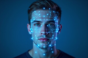 A young male face with glowing blue points and connected lines on a dark blue background. Modern design concept illustrating facial recognition. Ai generative
