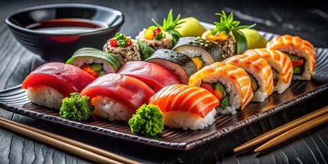 Black tray highlights fresh sashimi and rolls.