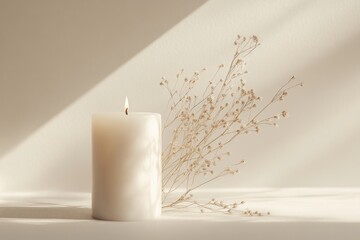 Minimalist still life with lit white pillar candle paired with delicate dried flowers on soft beige background. Natural light and gentle shadows, serene elegant atmosphere, for relaxation, mindfulness