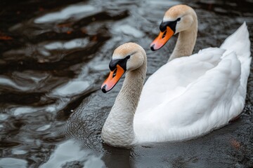 Fototapeta premium Two elegant swans glide gracefully across the calm water. Their pure feathers shine in the soft light. A tranquil moment in nature captured beautifully. Generative AI