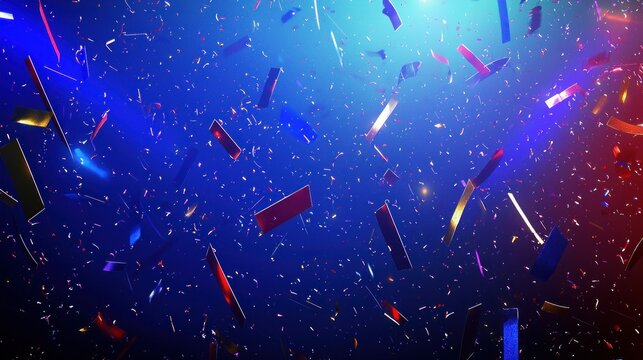 Colorful confetti falling on dark blue background, illuminated by spotlights.