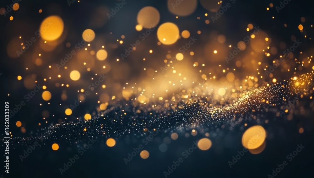Poster abstract gold and blue glitter wave with bokeh lights.