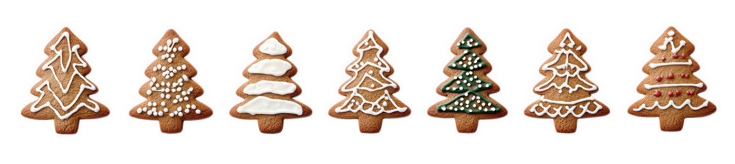 seven gingerbread cookies in the shape of christmas trees. decorated with white and green icing and red sprinkles. arranged horizontally on a transparent background