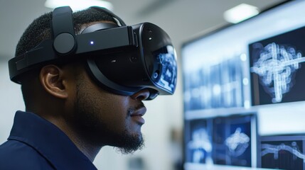 A man wears a virtual reality headset while interacting with digital images on a screen, showcasing the intersection of technology and innovation.