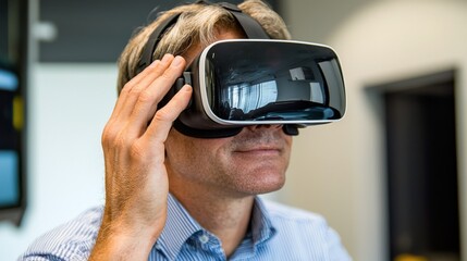 A man wearing a virtual reality headset, engaging with immersive technology in a modern environment.