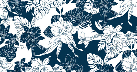 Obraz premium seamless pattern Exotic tropical flowers and leaves. artwork for fabrics, souvenirs, packaging, greeting cards and scrapbooking