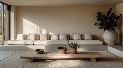 Minimalist living room with beige sofa, wooden coffee table, plants, and natural light.