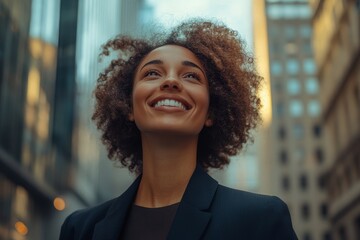 Happy businesswoman walking in the city, Generative AI