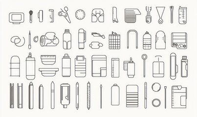 Collection of various simple line art icons of everyday objects.