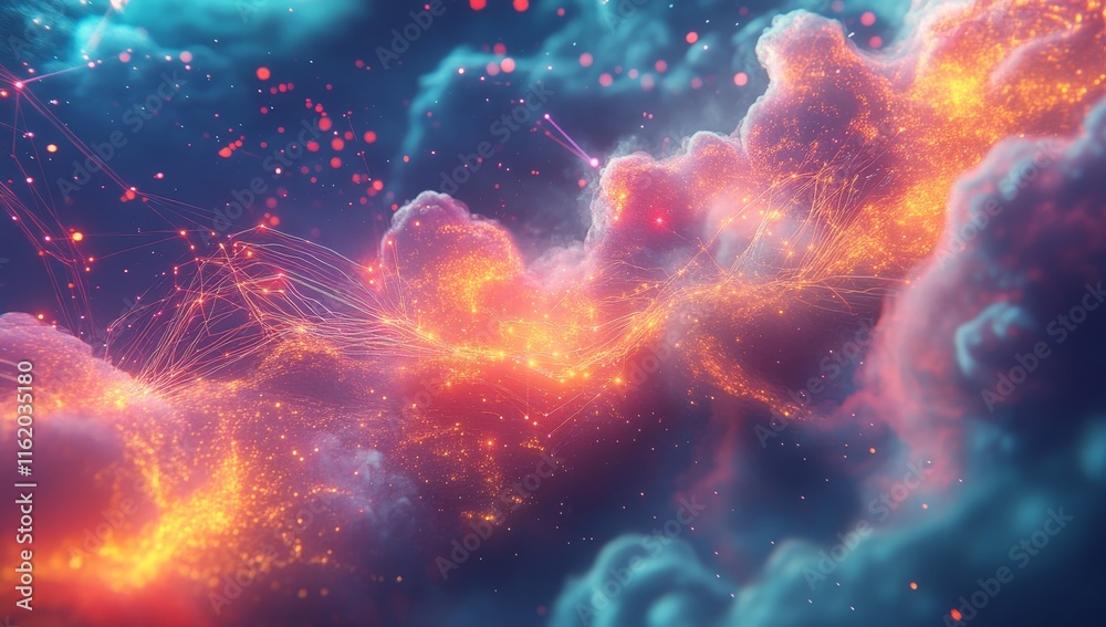 Poster Abstract digital cloud with glowing particles and network lines.