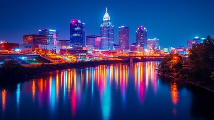 Fototapeta premium Vibrant cityscape at night reflected in calm water.