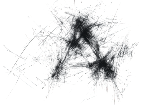 abstract black and white of the letter a created with lines and dots forming a spiky. chaotic shape