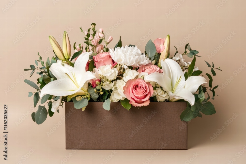 Poster delivery box in mocha mousse filled with fresh flowers in soft pink and white tones on a neutral bac