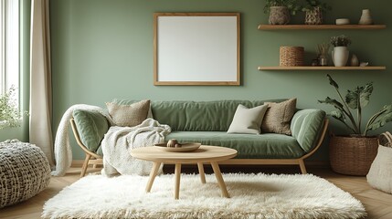 Green living room interior with sofa, coffee table, rug, and shelves.