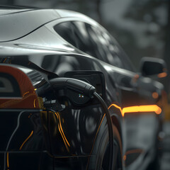 Obraz premium Power supply for electric car charging. An Electric car charging station. Close up of the power supply plugged into an electric car being charged.