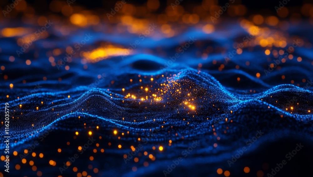 Poster abstract blue and orange glowing particle wave background.