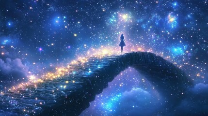 Fototapeta premium Woman silhouette on a starlit path.