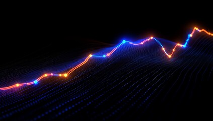 Abstract glowing line graph rising on dark background.