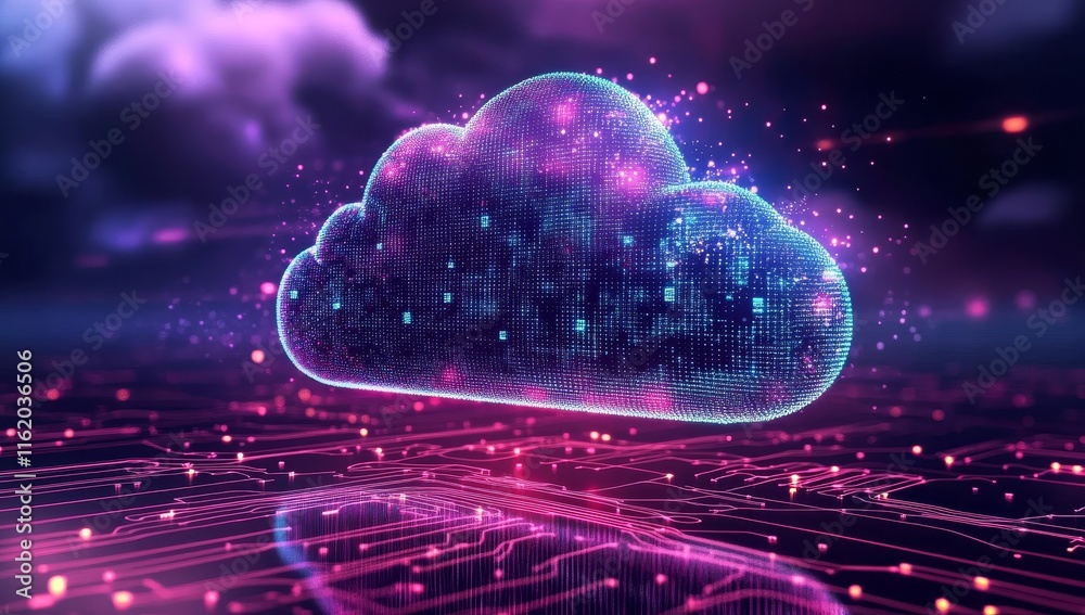 Poster Glowing cloud data symbol above circuit board.