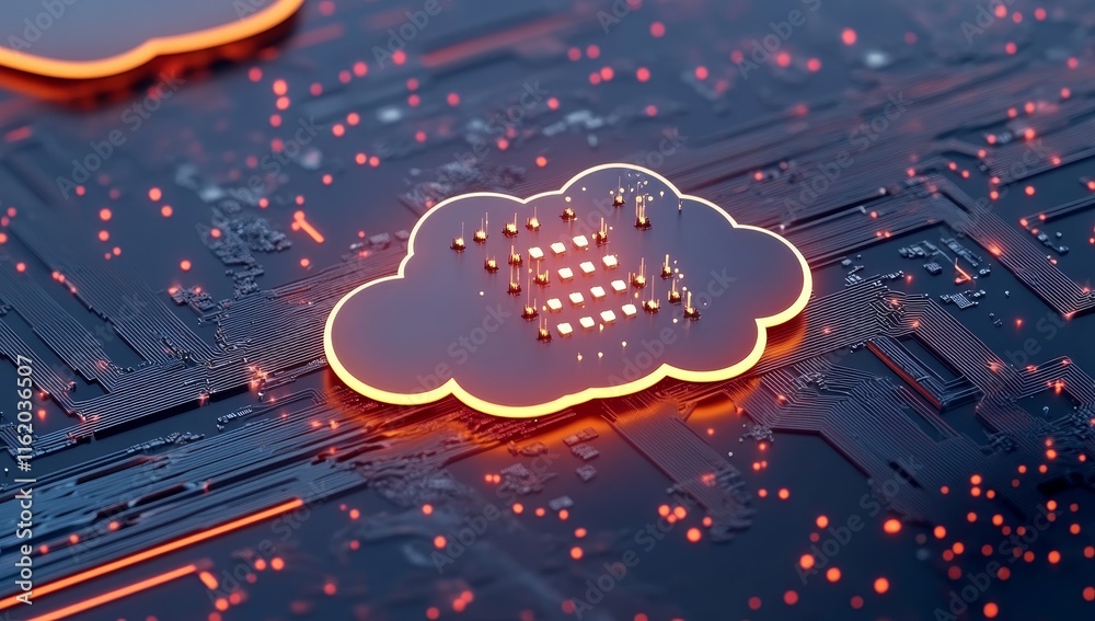 Poster Illuminated cloud symbol on circuit board, representing digital data storage and cloud computing.