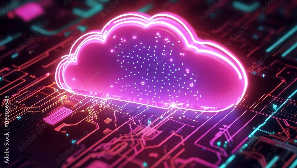 Poster Glowing cloud symbol on a circuit board, representing cloud computing and data storage.