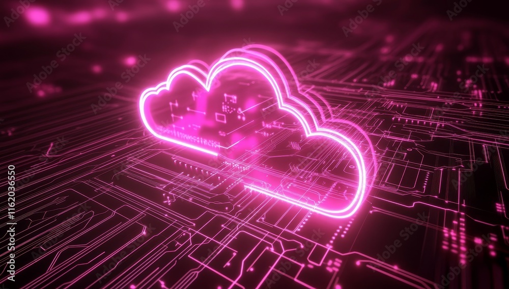 Poster Glowing cloud computing symbol on circuit board.
