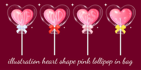 illustration Set Heart shape lollipop pink in bag