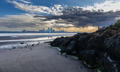 Iconic city of Liverpool architecture on bank of River Mersey