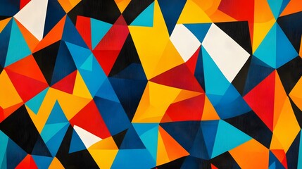 Abstract pattern with triangles and lines in bold primary colors layered with precision