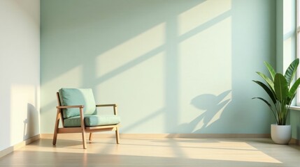 Fototapeta premium Serene Minimalist Room Interior Design Featuring a Light Green Armchair and a Potted Plant Basking in Sunlight