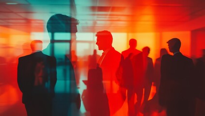 Silhouetted business people networking in a vibrant, colorful room.