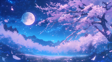 桜 木 月 月光 よる 夜 夜桜 はる 春 日本 アニメ风 背景 壁紙