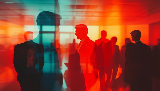 Silhouetted business people networking in a vibrant, colorful room.