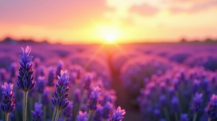 Fototapeta premium Serene Sunset Over a Field of Blooming Lavender Flowers, Bathed in Golden Hour Light
