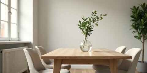 Minimalist Dining Room Decor Light Wood Table with Neutral Chairs and Simple Greenery
