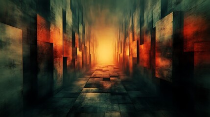 A dimly lit corridor with orange and green walls