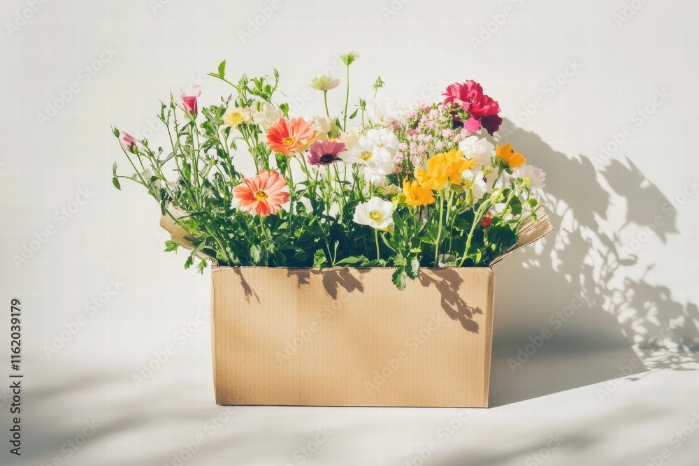 Poster vibrant fresh flowers in a cardboard delivery box with empty space for text. generative ai