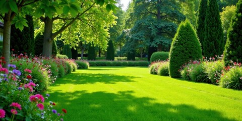 Naklejka premium Serene Garden Landscape Featuring Lush Green Grass, Vibrant Flower Beds, and Towering Evergreen Trees