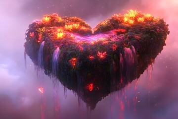 Surreal Fantasy Scene of a Floating Heart-Shaped Island with Flora