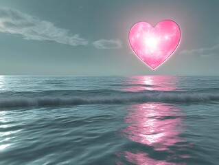 Fototapeta premium Surreal Valentine's Day Scene with Glowing Pink Heart Over Ocean