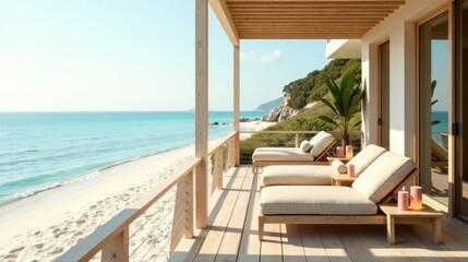 Obraz premium Oceanfront Deck Relaxation Two Luxurious Lounge Chairs on a Wooden Terrace Overlooking a Serene Beach