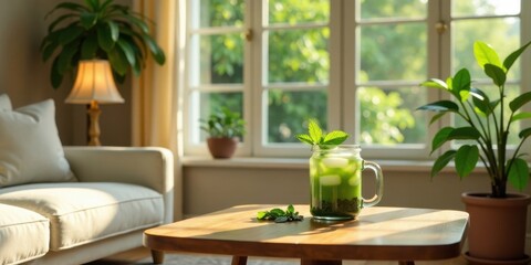 Refreshing Green Beverage on Wooden Table Near a Sunny Window in a Relaxing Living Room
