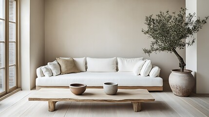 Fototapeta premium Minimalist living room interior with white sofa, wooden coffee table, olive tree, and beige walls.