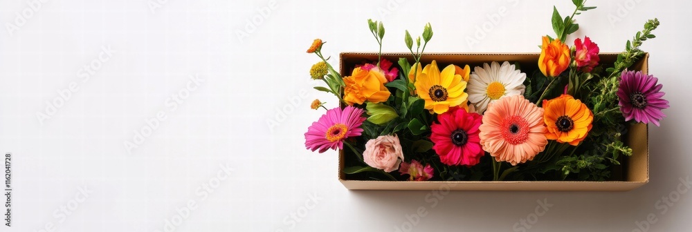 Aufkleber vibrant fresh flowers in a cardboard delivery box with ample space for text mock up. generative ai