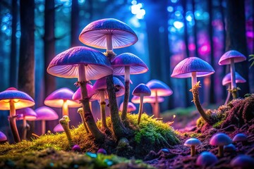 Fototapeta premium Nightfall's glow; mushrooms light a mystical forest.