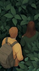 Two individuals, one male and one female, explore a lush green environment filled with foliage.