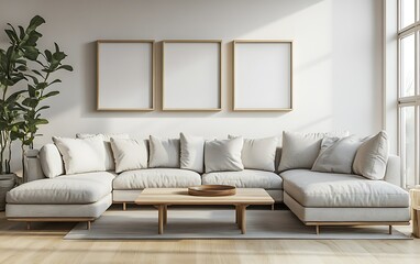 Modern living room interior with sectional sofa, wooden coffee table, three empty frames, and large window.