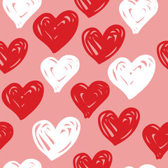 Hand drawn hearts seamless pattern. Continuous line drawing of a heart, black and white vector minimalist love concept illustration.