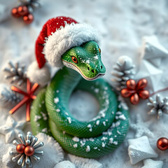 Fototapeta premium A green snake wearing a Santa hat is surrounded by Christmas decorations